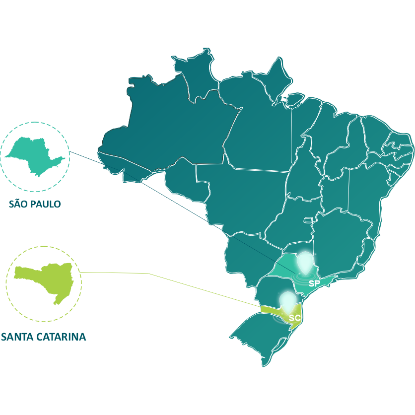 Mapa do Brasil com as bases operacionais em São Paulo e Santa Catarina.